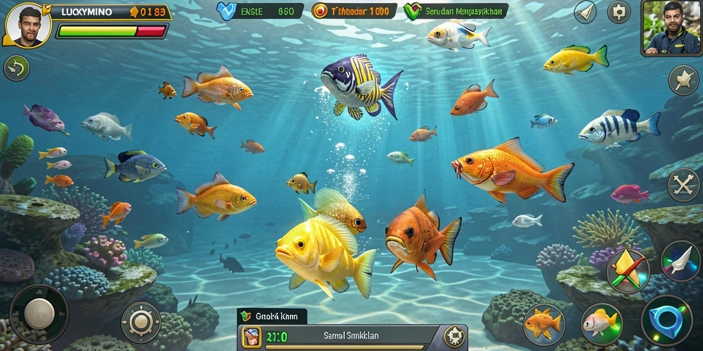 Gameplay seru LUCKYMINO dengan penembakan ikan yang menantang.