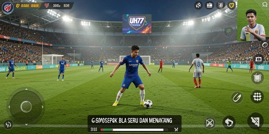 Tampilan gameplay UH77 dengan aksi sepak bola yang realistis.