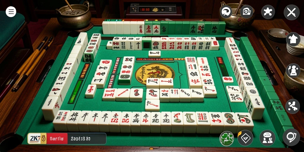 Tampilan gameplay ZK7 yang menampilkan ubin Mahjong yang berwarna-warni.